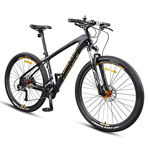 Mountain Bike : WXX 27.5 Inch Carbon Fiber Frame Mountain Bike Double Disc Brake Unisex Dual Shock Absorption Off-Road Variable Speed Bicycle, Black gold