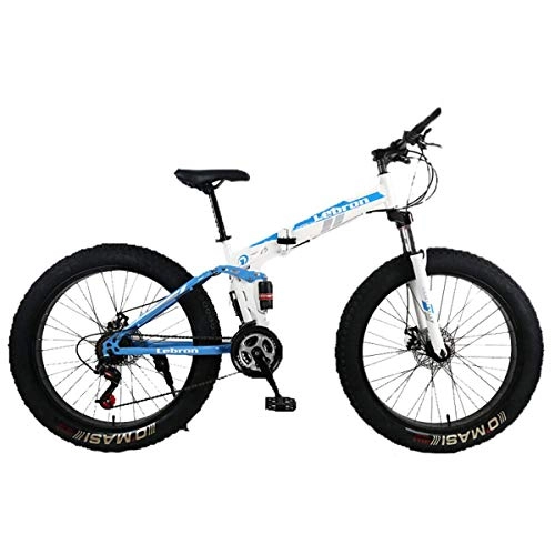 Mountain Bike : WZB 26" Steel Folding Mountain Bike, Dual Suspension 4.0Inch Fat Tire Bicycle Can Cycling On Snow, Mountains, Roads, Beaches, Etc, Blue