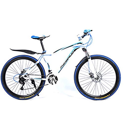 Mountain Bike : XXXSUNNY 26-inch men's bicycle, lightweight high-carbon steel suspension frame can bear 150kg mountain bike, multi-speed urban commuter road bike off-road mountain bike, 27 / white blue