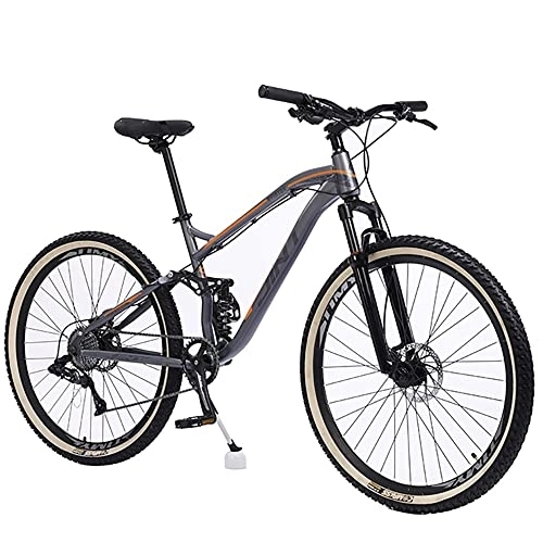 Mountain Bike : YUEGOO Mountain Bike in Full Suspension Mens Mountain Bicycle, Mountain Trail Bike Dual Disc Brakes with High Carbon Steel / Grey Orange / 27.5Inch 9Speed