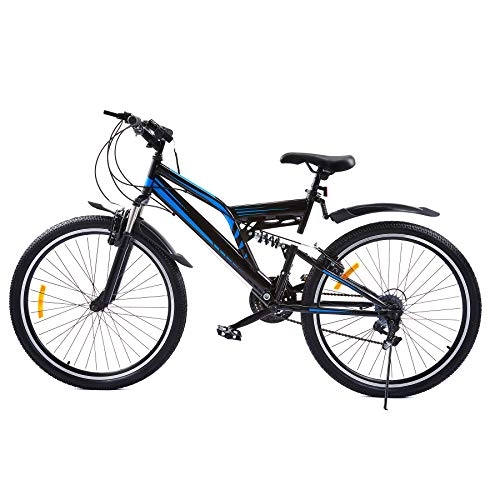 Mountain Bike : Z ZELUS 24 Inch Mountain Bike with 21 Speeds | 24er All-Terrain Bicycle with Full Suspension Dual V-Brakes Adjustable Seat for Dirt Sand Snow More | Adult Road Bike with Torch for Men or Women, Blue