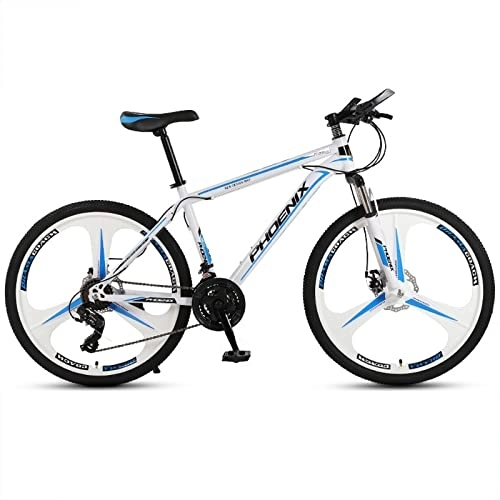 Mountain Bike : zcyg 24 / 26 Inch Mountain Bike, 21 Speed Bicycle With Full Suspension, MTB Cycling Road Racing With Anti-Slip Double Disc Brake For Men Women(Size:24inch-A, Color:White+Blue)