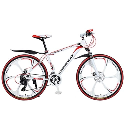 Mountain Bike : ZKHD 26-Inch Aluminum Alloy 27-Speed 6-Spoke One-Wheel Mountain Dual-Disc Brake Shock Absorption Variable Speed Cross-Country Bike, White red, 26 inches