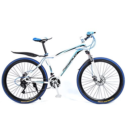 Mountain Bike : ZKHD 26-Inch Aluminum Alloy 27-Speed Spoke Wheel Mountain Dual-Disc Brake, Shock Absorption And Variable Speed Off-Road Bike, white blue, 26 inches