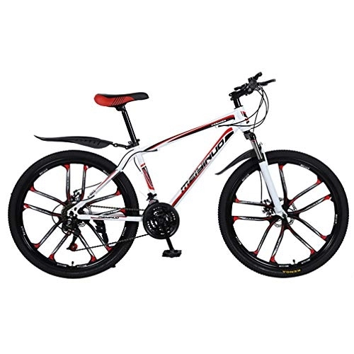 Mountain Bike : ZKHD 26 Inch High Carbon Steel 10 Spokes One Wheel Mountain Double Disc Brake Shock Absorption Variable Speed Cross Country Bike, White red, 26 inches
