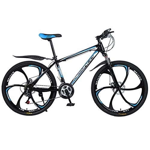 Mountain Bike : ZKHD 26 Inch High Carbon Steel 6 Spokes One Wheel Mountain Double Disc Brake Shock Absorption Variable Speed Cross Country Bike, black blue, 26 inches