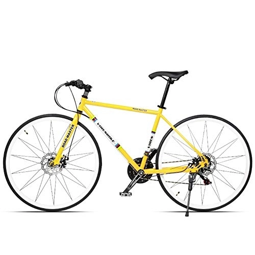 Road Bike : 21 Speed Road Bicycle, High-carbon Steel Frame Men's Road Bike, 700C Wheels City Commuter Bicycle with Dual Disc Brake, Yellow, Straight Handle