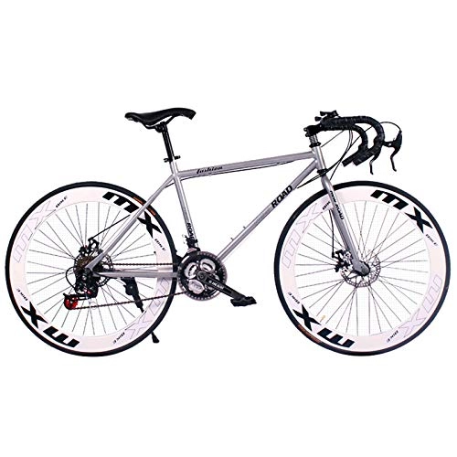 Road Bike : 26 Inch Road Mountain Bike, 24 Speed Curved Handle Cycling with Disc Brakes, High Carbon Steel Frame Road Bicycle for Women Men Adult, Silver, 26inch