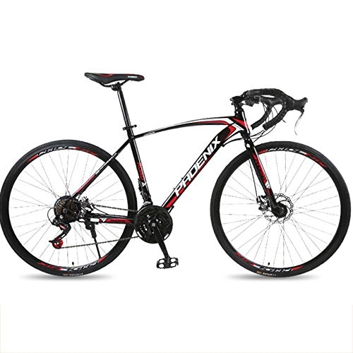 Road Bike : 700C Road Bike, 21 / 24 / 27 Speed Bicycle, High-Carbon Steel Frame Road Bicycle, City Utility Bike with Dual Disc Brake for Men / Women, Black Red, 24 Speed