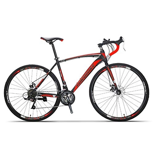 Road Bike : 700C Road Bike City Commuter Bicycle with 21 Speeds Drivetrain, Mens Womens Hybrid Road Bike, Disc Brakes, Carbon Steel Frame Full Suspension Road Bike, Black Red