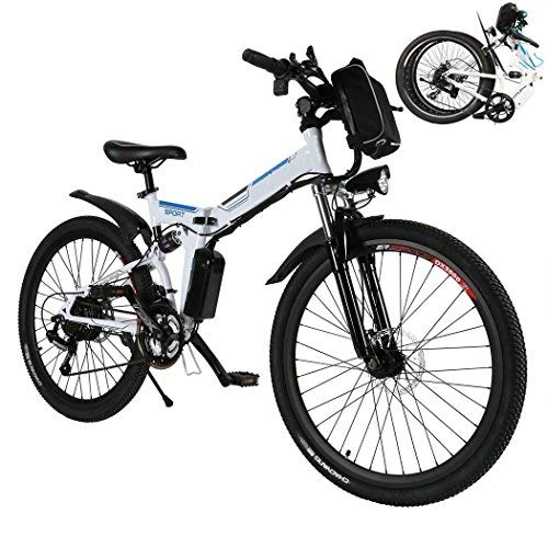 Road Bike : Acecoree Folding Electric Mountain Bike, 26 Inch Wheel, 36V 250W Lithium-Ion Battery, Premium Full Suspension and Shimano Gear, Men's Mountain Bicycle with LED Light and Horn (White)