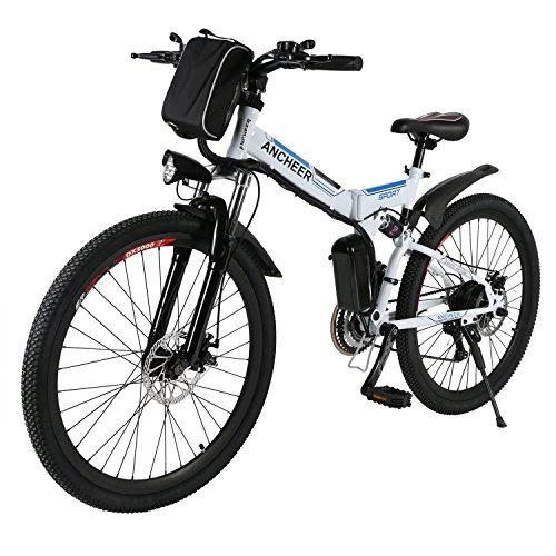 Road Bike : ANCHEER Electic Mountain Bike, 26 inch Folding E-bike, 36V 250W Large Capacity Lithium-Ion Battery and Battery Charger, Premium Full Suspension and Shimano Gear (Schwarz) (Black) (White)