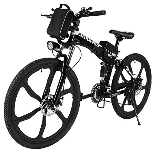 Road Bike : ANCHEER Electric Mountain Bike, 26 Inch Folding E-bike with Super Lightweight Magnesium Alloy 6 Spokes Integrated Wheel, Premium Full Suspension and Shimano 21 Speed Gear (Folding-Black, Medium)