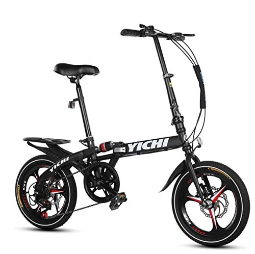 Road Bike : AOHMG Folding Bicycle, 7-Speed Foldable Bike Dual Disc Brake Aluminum Lightweight, Black_14in