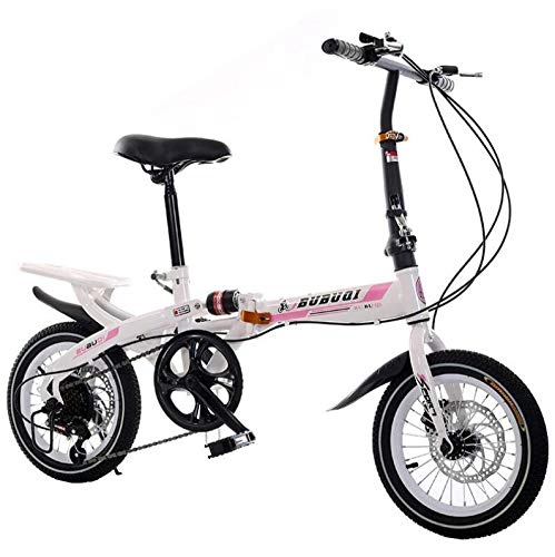 Road Bike : AOHMG Folding Bikes Lightweight Folding Bicycle, 6-Speed Foldable Bike Reinforced Frame, White Pink_14in