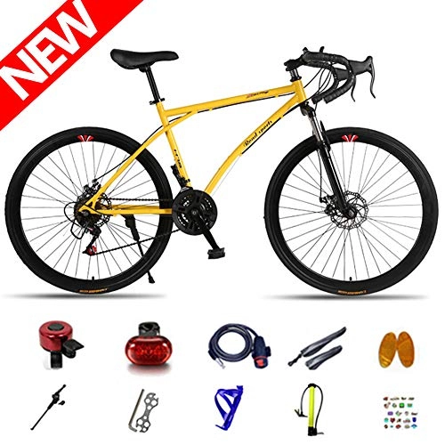 Road Bike : ATGTAOS 26 Inch Variable Speed Fixed Gear Bicycle, Road Bike, Solid tire, Mountain, Shock Absorbing Front Fork, 24 Speed, Dual Disc Brake, Student, Teenager, Female, Adult, Male, Yellow
