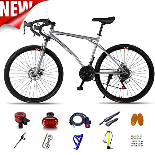 Road Bike : ATGTAOS Variable Speed Fixed Gear Bicycle, Road Bike, Solid tire, Mountain, Shock Absorbing Front Fork, 26 Inch 24 Speed, Dual Disc Brake, Student, Teenager, Female, Adult, Male, Silver