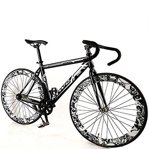 Road Bike : Bicycle Road Bike New Fixed Gear Muscle Frame Bending Adult Racing 26 Inch Single Speed 60 Knife Wheel (Color : Black flower bend, Size : 26inch)