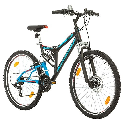 Road Bike : Bikesport PARALLAX Dual Suspension Steel Bike 26 inch wheels Front disc brake Shimano 18 gears (Black Blue)