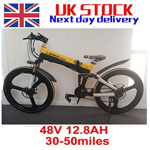 Road Bike : Black / Yellow 48V12.8AH 500W Electric Folding Bike 26 '' Ebike 27 Speed for adult
