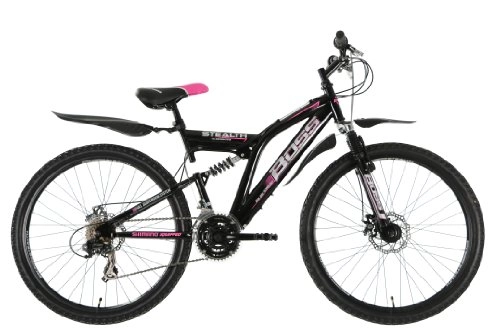 Road Bike : BOSS Stealth Womens Dual Suspension Bike - Black / Pink, 26 Inch