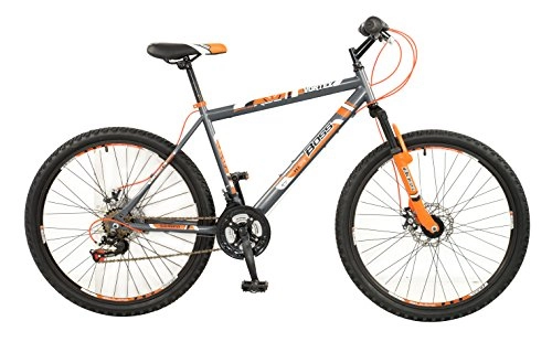 Road Bike : Boss Vortex Mens' Mountain Bike Grey / Orange, 18" inch steel frame, 18 speed front and rear zoom branded mechanical disc brakes alloy double wall wheel rims