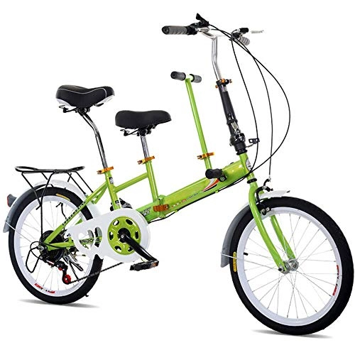 Road Bike : BTdahong 20'' Folding Tandem Bike Green Parenting Folding Bike High-Carbon Steel Double Seat 7 Speed Green