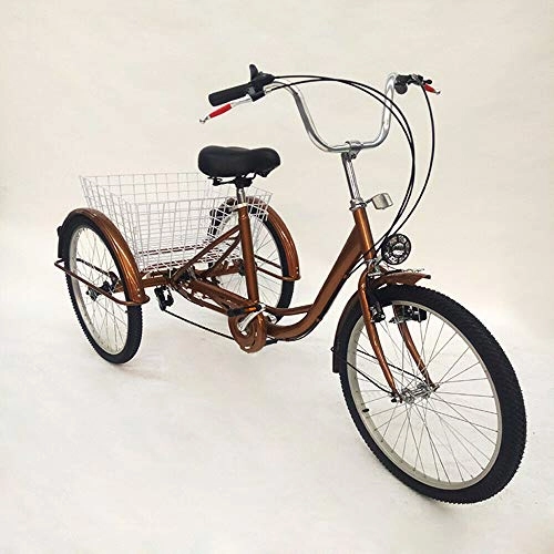 Road Bike : BTdahong Gold 24" Adult Tricycle 3 Wheel 6 Speed Bicycle Trike Cruise for Elders Shopping Basket + Lamp