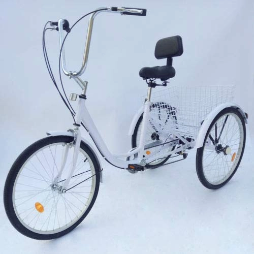 Road Bike : BTdahong White Adult Tricycle 24Inch 3 Wheel 6 Speed Cruiser Bike for Shopping with Basket