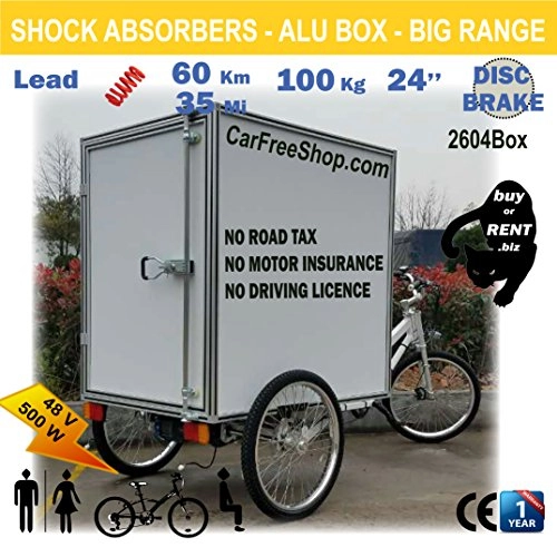 Road Bike : carfreeshop customIZED CARGO-TRIKE2604Box ELECTRIC assisted E-bike / trike with SECURED CLOSED BOX, 3-wheeled 24inch, BIG BATTERY 20Ah, 500W, mudguards, DISC BRAKE, MULTI-PURPOSE, HEAVY LOADS / duty, CARRIAGE, BUSINESS / PROFESSIONAL or HOME USES, rental available, no licence, coffee-shop / food / pizza delivery / truck bike, safe w / locks, NEW gorilla model