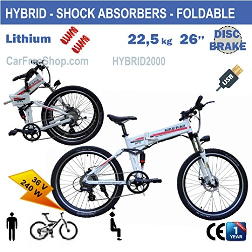 Road Bike : carfreeshop customIZED HYBRID2000 adult ELECTRIC assisted FOLDING HYBRID E-bike with SHOCK ABSORBERS, mountain w. 26inch, standard removable LITHIUM BATTERY, 8Ah, 240W, DISC BRAKES, aluminium, LCD, USB plug, commuter-commuting, foldable-collapsable, STUDENTS-BOY-MAN, white, blue, best sale 2017