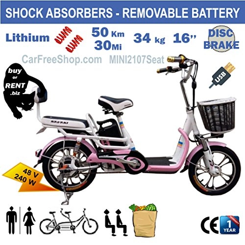 Road Bike : carfreeshop customIZED MINI2107Seat ELECTRIC assistance E-bike with shock absorbers, passenger, 2 seats, BASKET, 16inch, standard LITHIUM BATTERY, 10Ah, 240W, Range 50 kkm, DISC BRAKES, mudguards, SHOPPING, city journey travel, damping, small, tiny, WOMAN-LADY-GIRL-STUDENT pink, purple, yellow