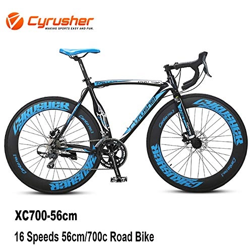 Road Bike : Cyrusher XC700 Mens Road Bike 16 Speeds 56CM / 700C Sports Racing Road Bike Lightweight Aluminum Alloy Frame Double Mechanical Disc Brakes Bicycle(Black-blue)