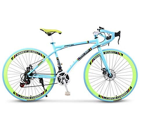 Road Bike : DGAGD 26-inch dead fly variable speed solid tire live fly bicycle bend bar road racing dual disc brake blue and green 24-speed