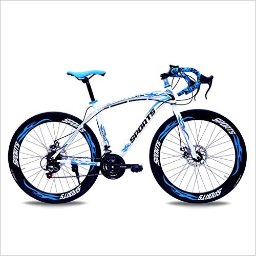 Road Bike : DGAGD 26-inch road bike with variable speed bend and double disc brakes, racing bike, 60 cutter wheels-White blue_21 speed