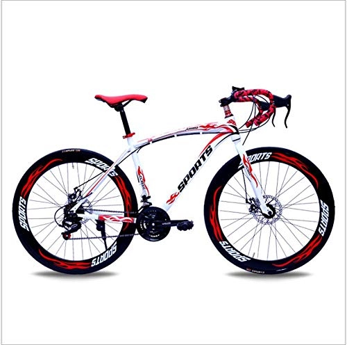 Road Bike : DGAGD 26-inch road bike with variable speed bend and double disc brakes, racing bike, 60 cutter wheels-White Red_21 speed