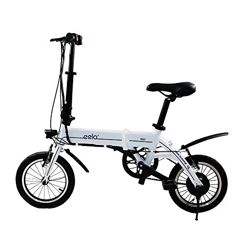 Road Bike : eelo 1885 Folding Electric Bike - Portable Easy to Store in Caravan, Motor Home, Boat. Short Charge Lithium-Ion Battery Silent Motor Commuter eBike, Thumb Throttle LCD Speed Display. (White)