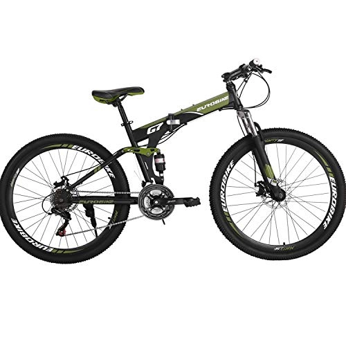 Road Bike : Eurobike Folding Bike 21 Speed Full Suspension Bicycle 27.5 inch MTB (Armygreen)
