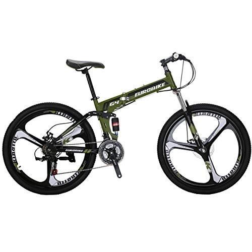 Road Bike : Eurobike G4 Mountain Bike 21 Speed Steel Frame 26 Inches Wheels Dual Suspension Folding Bike Army Green