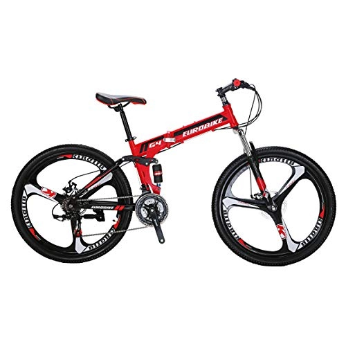 Road Bike : Eurobike G4 Mountain Bike 21 Speed Steel Frame 26 Inches Wheels Dual Suspension Folding Bike Red