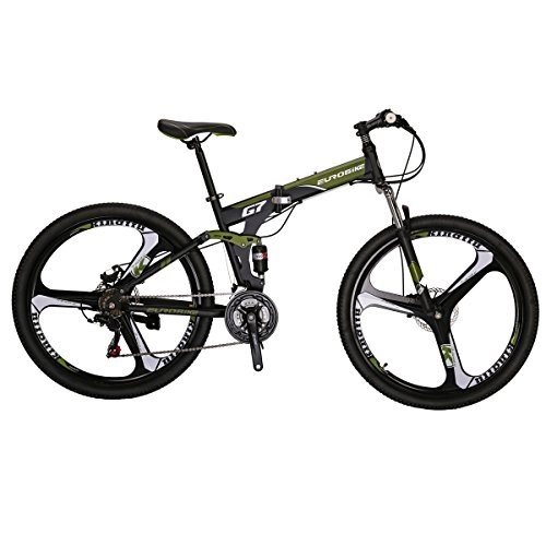 Road Bike : Eurobike G7 Mountain Bike 21 Speed Steel Frame 27.5 Inches 3-Spoke Wheels Dual Suspension Folding Bike Armygreen