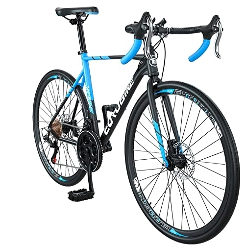 Road Bike : Eurobike Road Bike, 54cm Frame Men Road Bike, 21 speeds, Dual-Disc Brakes, 700C Wheels for Men, Women off Road Bike Racing Bicycle (Black Blue)