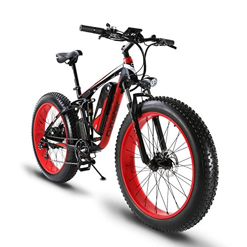 Road Bike : Extrbici XF800 1000W 48V Electric Mountain Bike Fat Bikes Full Suspension (Red)