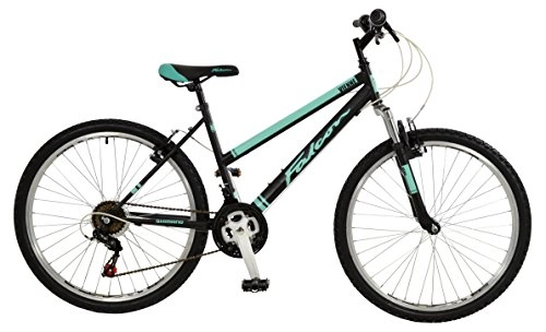 Road Bike : Falcon Vienne Womens' Mountain Bike Black / Teal, 17" inch steel frame, 18-speed Shimano rear derailleur and micro-shift rotational shifters strong and lightweight deep-section alloy wheel rims