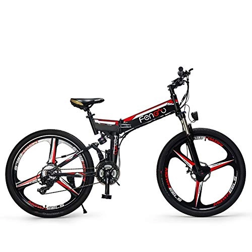 Road Bike : FJW Unisex Electric Mountain Bike, 26 Inch Folding E-bike with Super Lightweight Magnesium Alloy 3 Spokes Integrated Wheel, Dual Suspension and Shimano 24 Speed Gear for Commuter City
