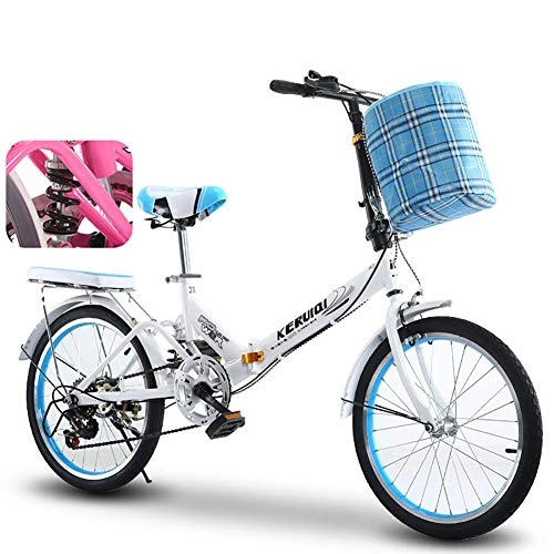 Road Bike : FJW Unisex Suspension Folding Bike 16 Inch 20 Inch High-carbon Steel 6 Speed Aluminium Alloy Student Child Commuter City Bike, Blue, 16Inch