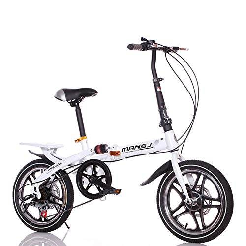 Road Bike : FJW Unisex Suspension Folding Bike 16 Inch 6 Speed Double Disc Brake Aluminium Alloy Integral Wheel Student Child Commuter City High-carbon Steel Bike, White