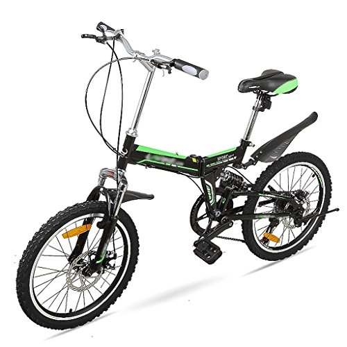 Road Bike : Folding bicycle 20 inch student adult mountain bike disc brake speed bike ( Color : Black green )