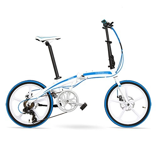 Road Bike : Folding bike 20 inch ultra-light aluminum alloy small wheel 7 speed disc brake bike ( Color : White blue )