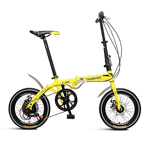 Road Bike : Folding Bikes Folding Bicycle 16 Inch Shift Bicycle Lightweight Adult Men And Women Double Disc Brake Folding Bicycle (Color : Yellow, Size : 130 * 30 * 83cm)